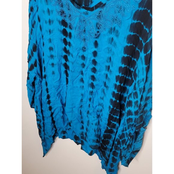 NWT Calessa TURQUOISE Blue/Black TIE DYE Tunic Boho Top 3X SHARKBITE HEM - Picture 4 of 8